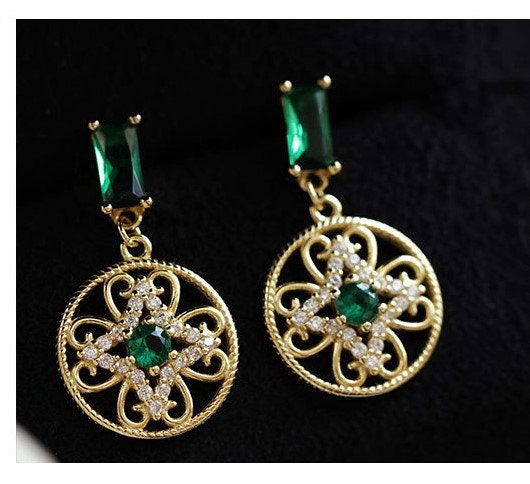 925 Silver Vintage Emerald CZ Drop & Dangle Earrings, Emerald CZ Gold Round Drop Earrings, Dainty Gold Drop Earrings, Christmas Gift, GE06