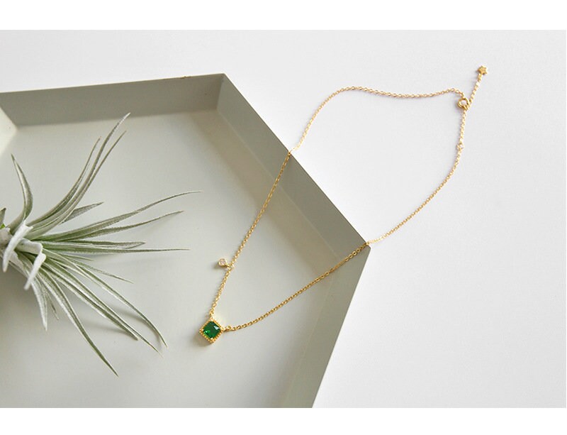 18k Gold Vermeil Square Emerald Necklace, Emerald with Little CZ Necklace, Dainty Emerald Necklace, Gift for her, Anniversary gift GN57