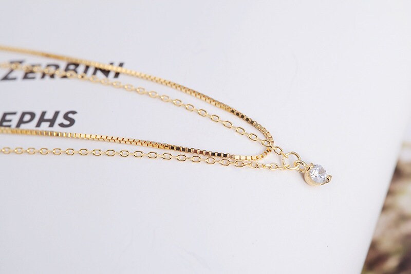 14k Gold Vermeil Double Chain Necklace, Little CZ Charm Necklace, Minimalist Layered Necklace, Dainty Gold Choker, Gifts for Her