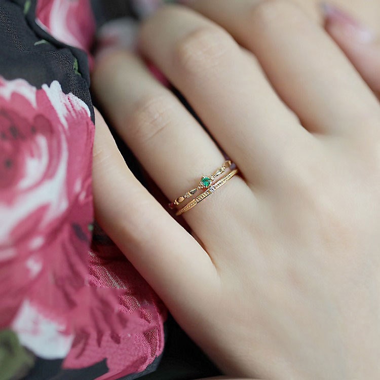 14k Gold Vermeil Vintage Style Emerald CZ Adjustable Ring, Gold Stackable Ring, Dainty Double Band Adjustable Rings, Gifts for Her, GR03