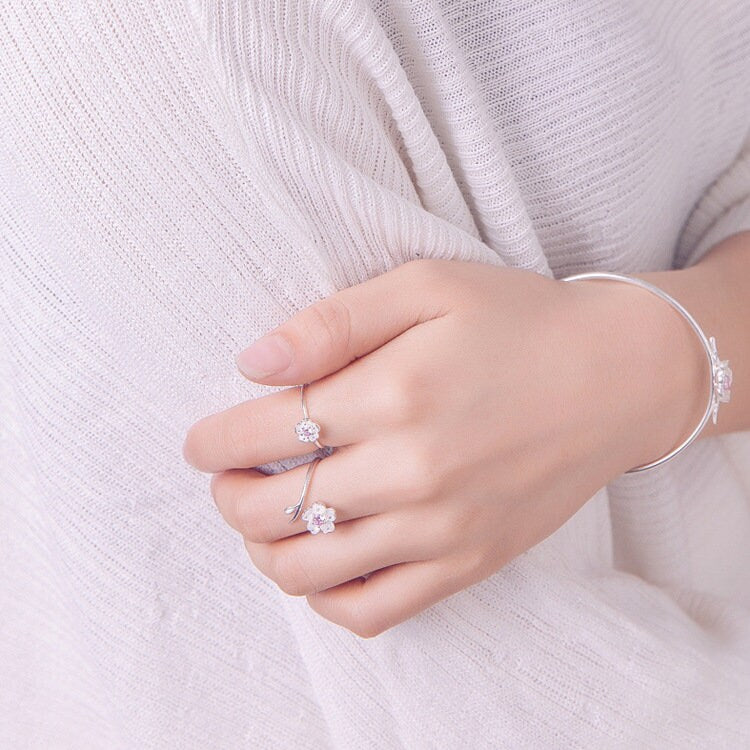 Sterling Silver Cherry Blossom Adjustable Ring, Delicate Flower & Leaf Open Ring, Dainty Adjustable Flower Ring, Purple or Pink, Gift GR05