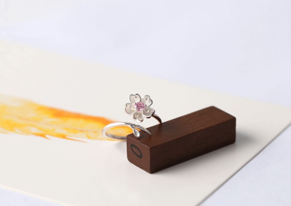 Sterling Silver Cherry Blossom Adjustable Ring, Delicate Flower & Leaf Open Ring, Dainty Adjustable Flower Ring, Purple or Pink, Gift GR05