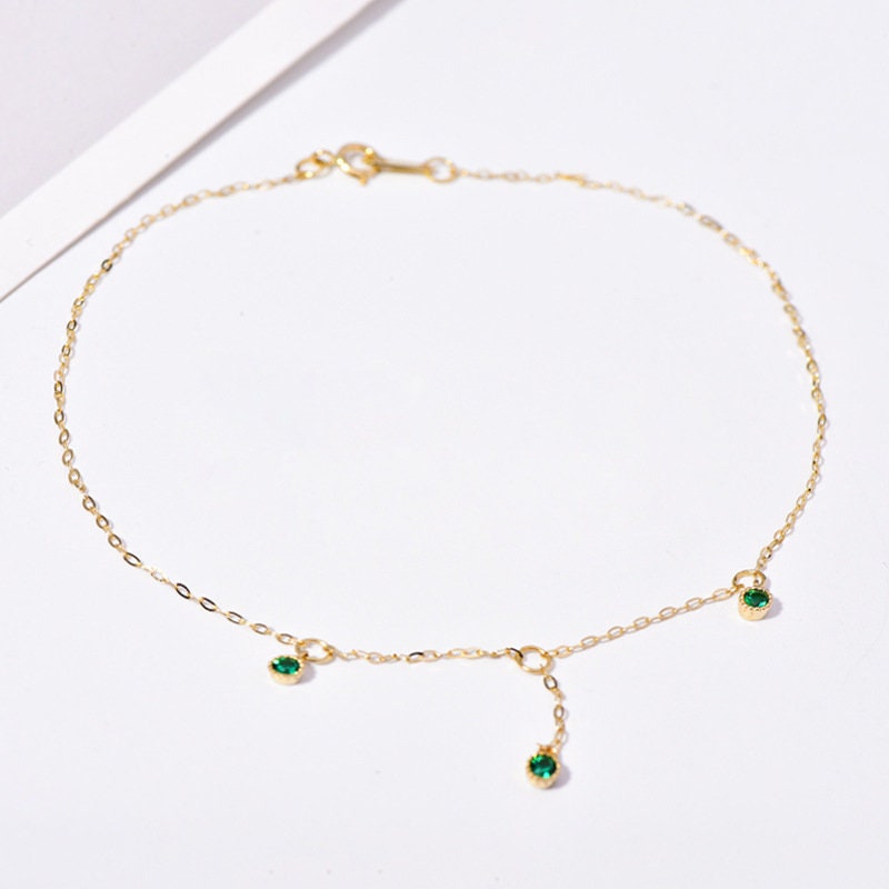 14k Gold Plated 925 Silver Round Emerald CZ Charm Anklet, Dainty Emerald Drop Ankle Bracelet, Tiny Green CZ Anklet, Gifts for Her, GA01