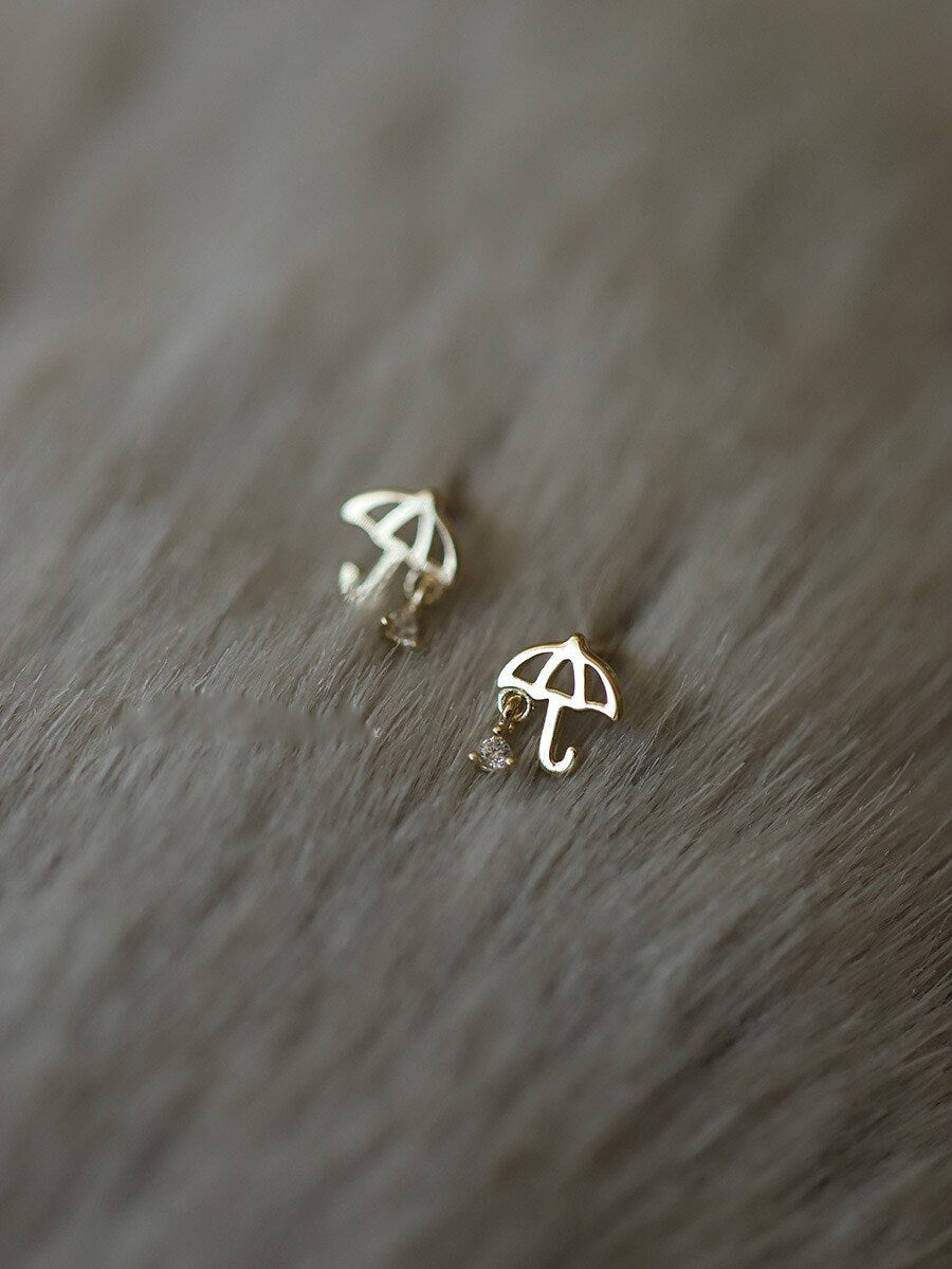 Gold CZ Umbrella Stud Earrings, Dainty Umbrella Earrings, Minimalist Gold Earrings, Gifts for Her, GE107