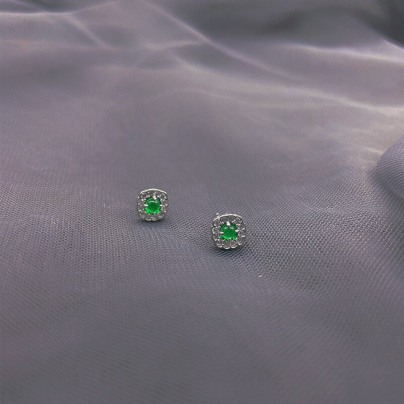 Dainty Gold Green Jade Stud Earrings, Sterling Silver Emerald Green Earrings, Minimalist Jade Earrings, Sparkly CZ Jade Studs, Gift, GE120