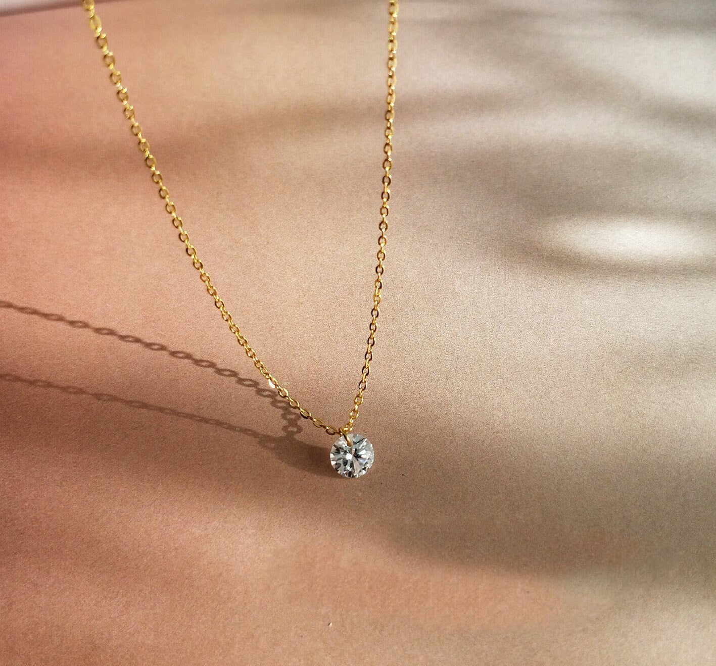 Dainty Gold Round Cut CZ Diamond Necklace, Sparkly Crystal Necklace, Gold CZ Pendant, Minimalist Simple Earrings, Gift for her, GN62