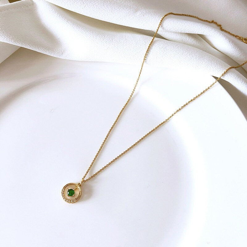 14k Gold Vermeil Emerald CZ Circle Necklace, Geometry Emerald CZ Necklace, Minimalist Green CZ Necklace, Gift for her, Mom Necklace,GN63