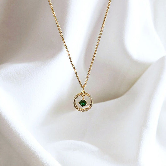 14k Gold Vermeil Emerald CZ Circle Necklace, Geometry Emerald CZ Necklace, Minimalist Green CZ Necklace, Gift for her, Mom Necklace,GN63