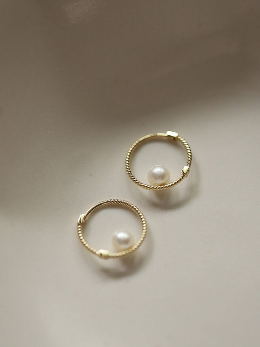 14k Gold Vermeil Twist Hoop Earrings, Dainty Hoop Pearl Earrings, Simple Pearl Hoop Earring, Minimalist Hoop Earrings, Gift for her, GE227