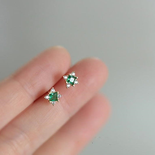 Dainty Emerald CZ Stud Earrings, Gold Emerald Earrings, Square Emerald Green Studs, Minimalist Green Earring, Gift for her, GE215