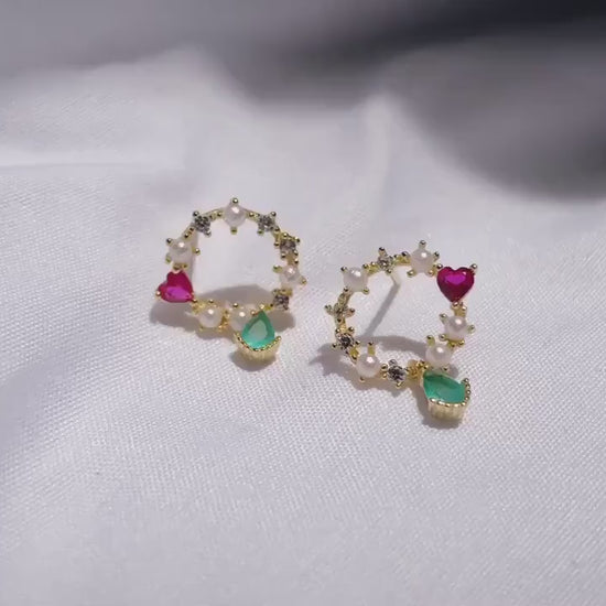 Dainty Gold Colorful Circle CZ Earrings, Heart Ruby CZ Circle Earrings, Waterdrop Emerald CZ Circe Earrings, Tiny Pearl Circle Earring, GE49