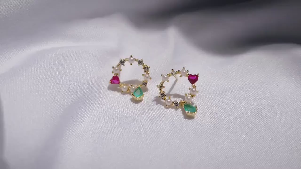 Dainty Gold Colorful Circle CZ Earrings, Heart Ruby CZ Circle Earrings, Waterdrop Emerald CZ Circe Earrings, Tiny Pearl Circle Earring, GE49