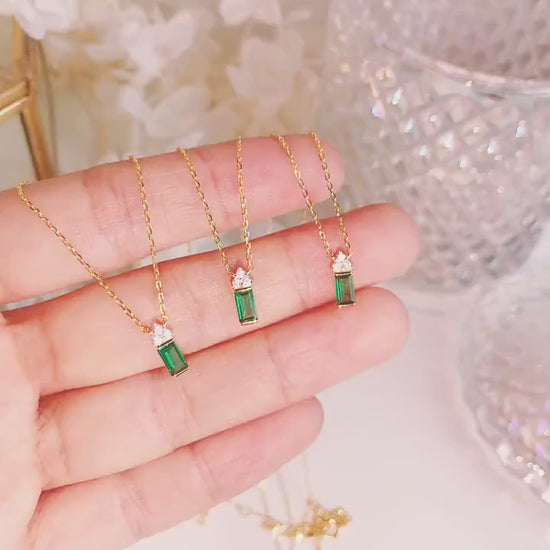 14k Gold Vermeil Triangle Diamond on Emerald Block Necklace, House Shaped Emerald CZ Necklace, Dainty Emerald Necklace, Gift for her/Mom