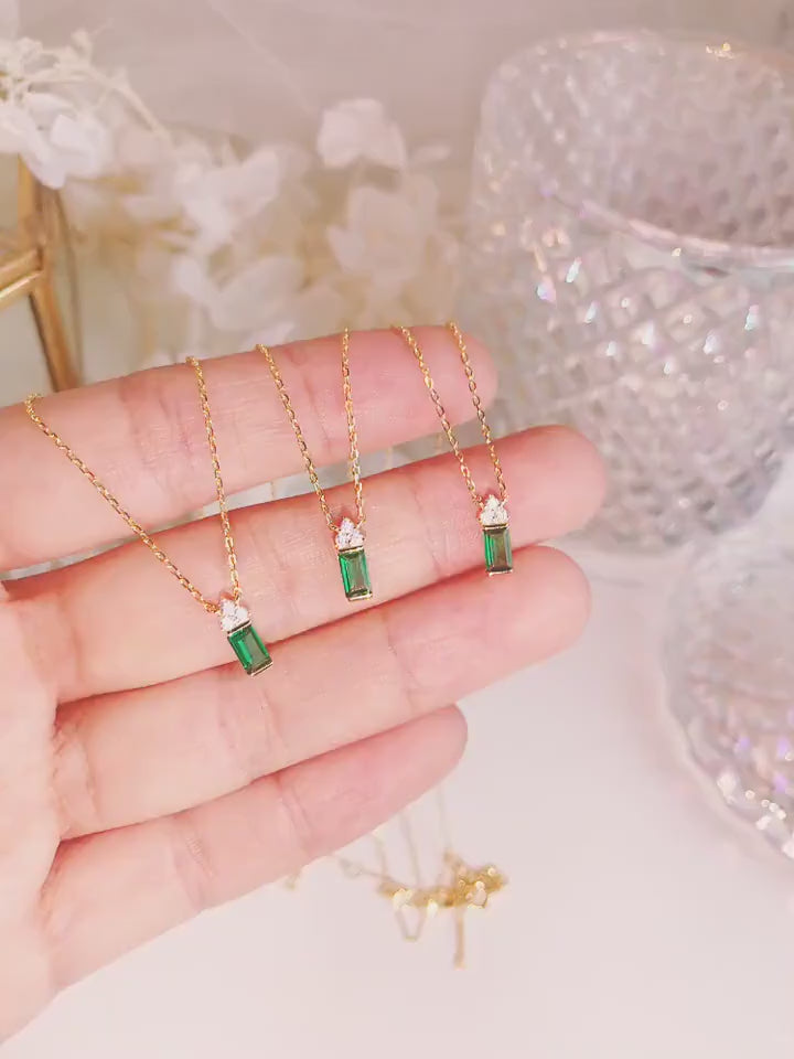 14k Gold Vermeil Triangle Diamond on Emerald Block Necklace, House Shaped Emerald CZ Necklace, Dainty Emerald Necklace, Gift for her/Mom