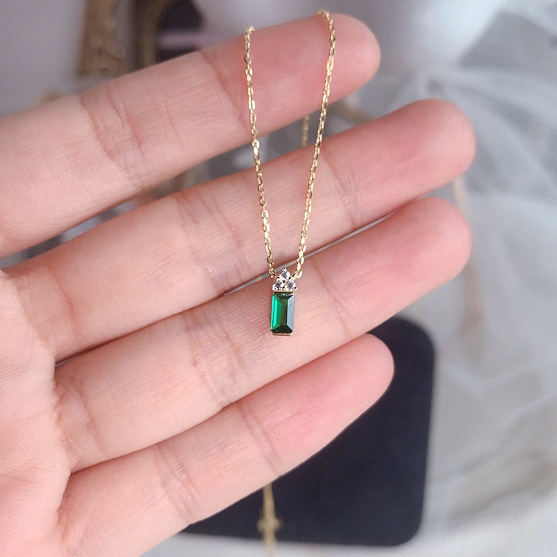 14k Gold Vermeil Triangle Diamond on Emerald Block Necklace, House Shaped Emerald CZ Necklace, Dainty Emerald Necklace, Gift for her/Mom