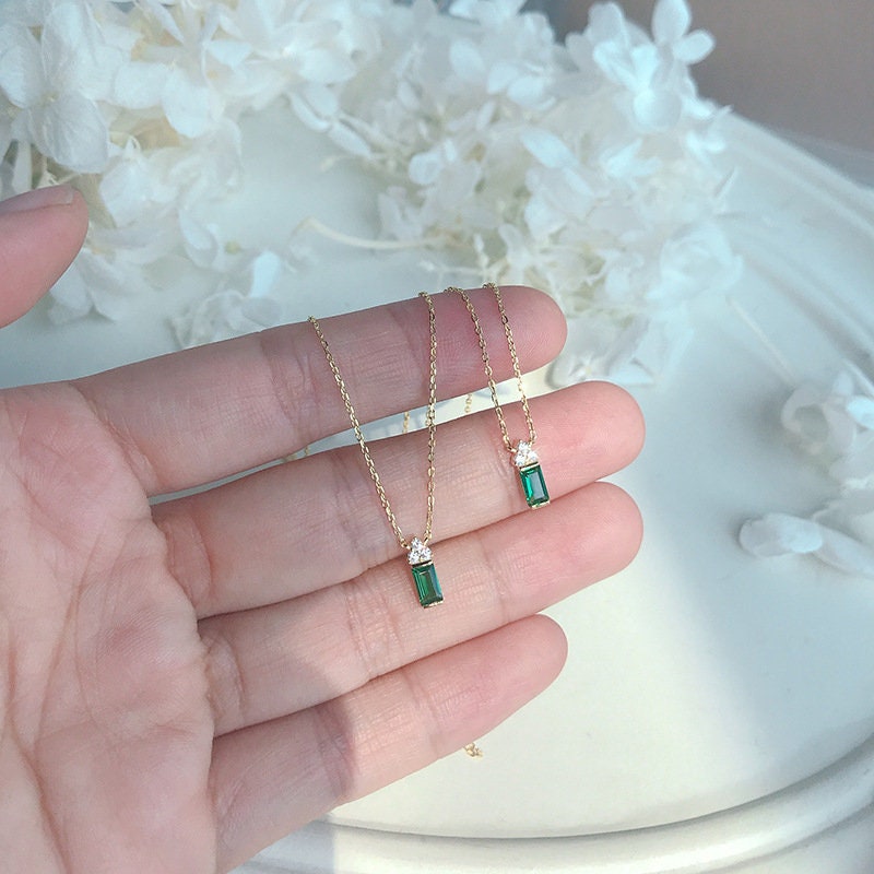 14k Gold Vermeil Triangle Diamond on Emerald Block Necklace, House Shaped Emerald CZ Necklace, Dainty Emerald Necklace, Gift for her/Mom