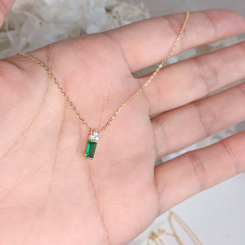 14k Gold Vermeil Triangle Diamond on Emerald Block Necklace, House Shaped Emerald CZ Necklace, Dainty Emerald Necklace, Gift for her/Mom