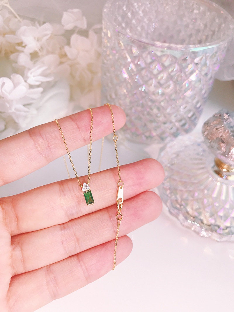 14k Gold Vermeil Triangle Diamond on Emerald Block Necklace, House Shaped Emerald CZ Necklace, Dainty Emerald Necklace, Gift for her/Mom