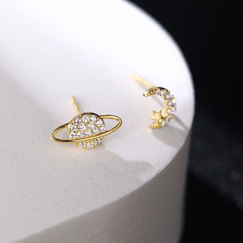 Star Moon & Saturn Stud Earrings, 925 Silver Celestial Earrings, Gold Moon Star studs, celestial earrings, Planet studs, Gift for Her, GE10