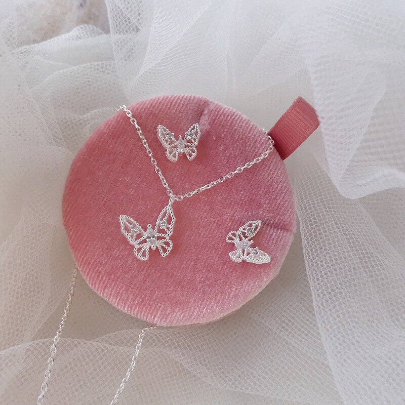 Dainty French Style Lace Butterfly Necklace, Marquise Diamond Paving in Butterfly Wings, 18k White Gold Vermeil butterfly Necklace