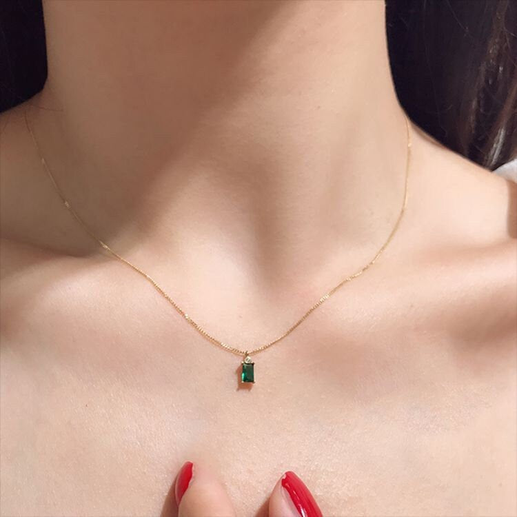 Dainty Baguette Emerald CZ Necklace, 18k Gold Vermeil Emerald Necklace, little CZ top on Emerald pendant, Classic Emerald necklace, N52