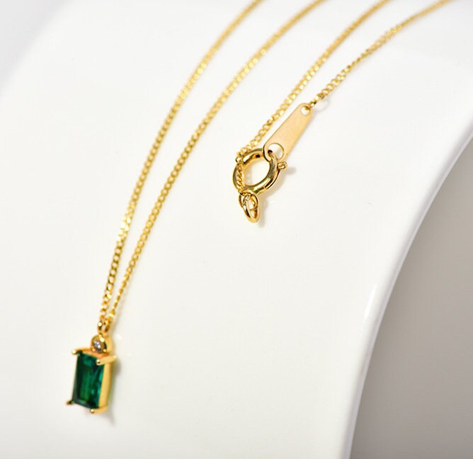 Dainty Baguette Emerald CZ Necklace, 18k Gold Vermeil Emerald Necklace, little CZ top on Emerald pendant, Classic Emerald necklace, N52