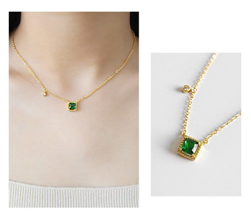 18k Gold Vermeil Square Emerald Necklace, Emerald with Little CZ Necklace, Dainty Emerald Necklace, Gift for her, Anniversary gift GN57