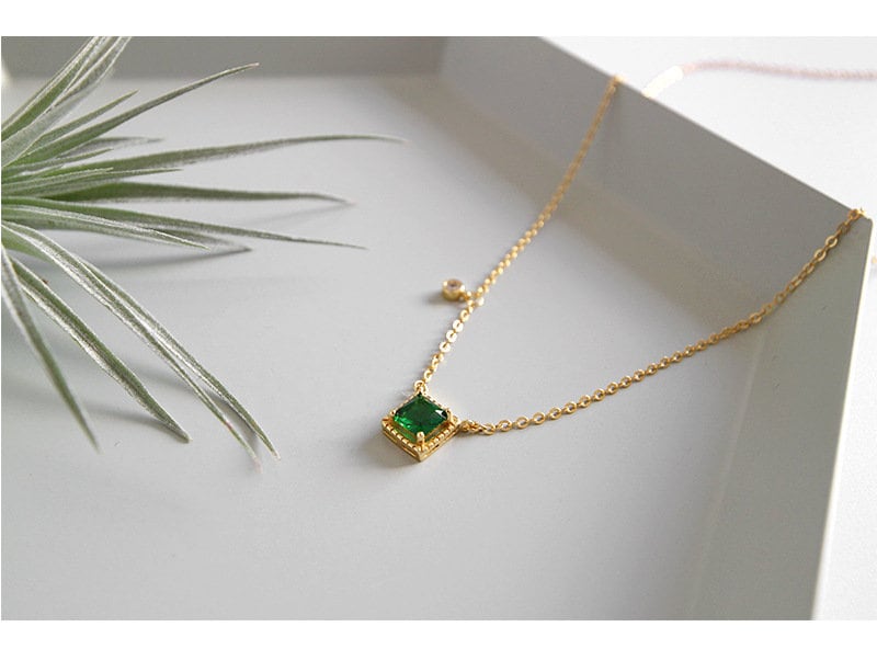 18k Gold Vermeil Square Emerald Necklace, Emerald with Little CZ Necklace, Dainty Emerald Necklace, Gift for her, Anniversary gift GN57