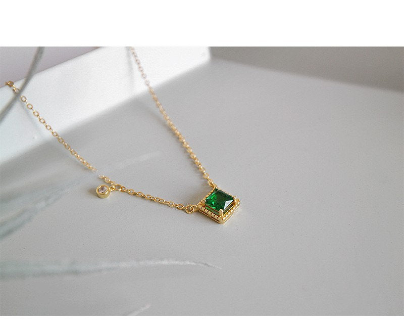 18k Gold Vermeil Square Emerald Necklace, Emerald with Little CZ Necklace, Dainty Emerald Necklace, Gift for her, Anniversary gift GN57