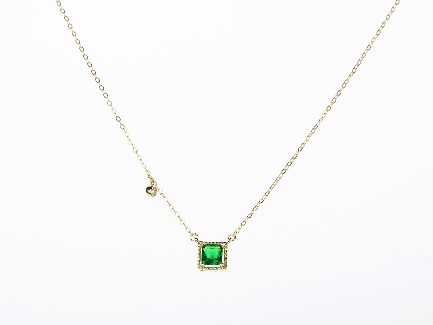 18k Gold Vermeil Square Emerald Necklace, Emerald with Little CZ Necklace, Dainty Emerald Necklace, Gift for her, Anniversary gift GN57