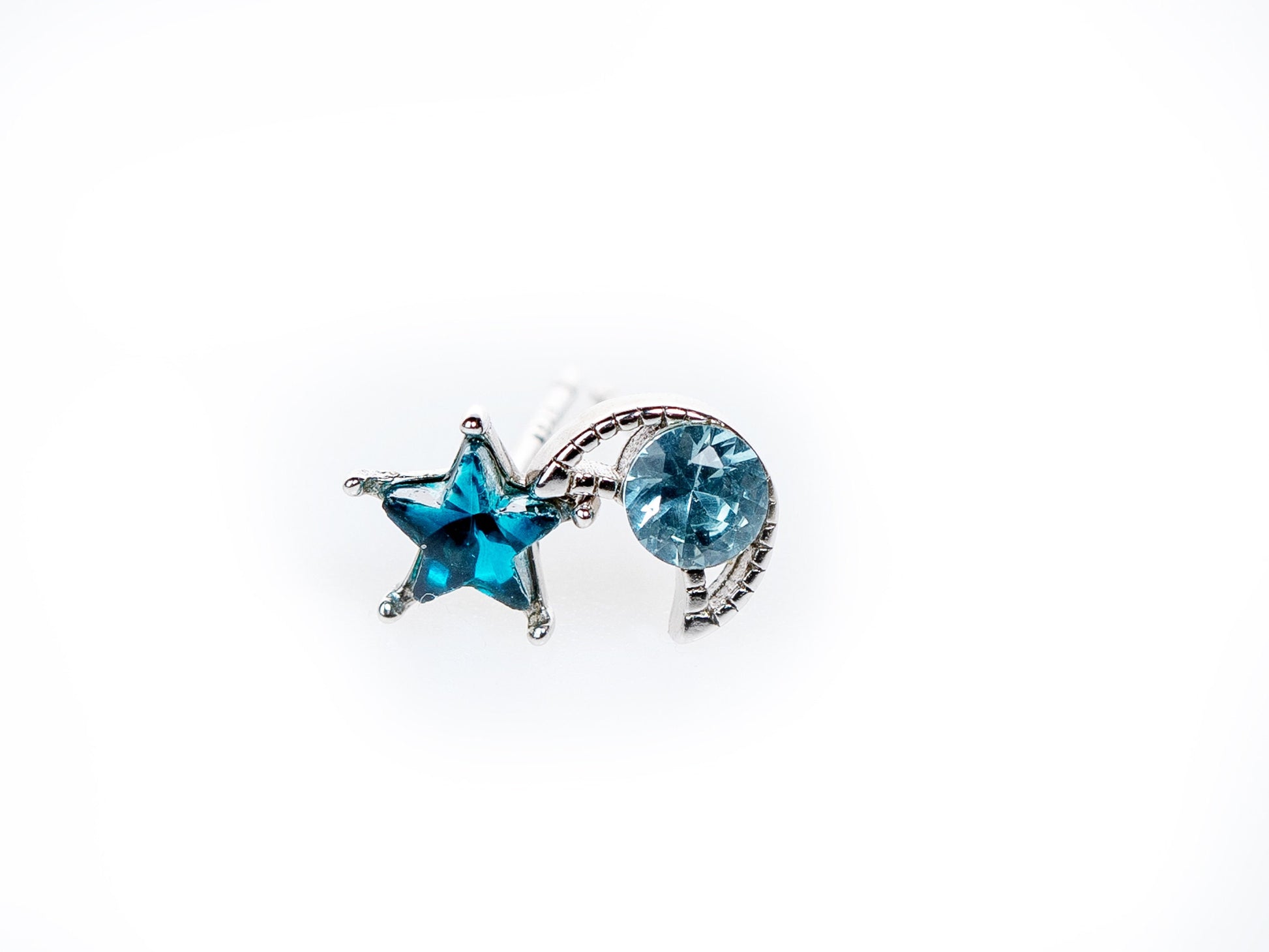 Blue Star & Moon Asymmetrical Earrings, Small Blue CZ Studs, Mismatched celestial earrings, Sterling silver star earrings, moon earrings