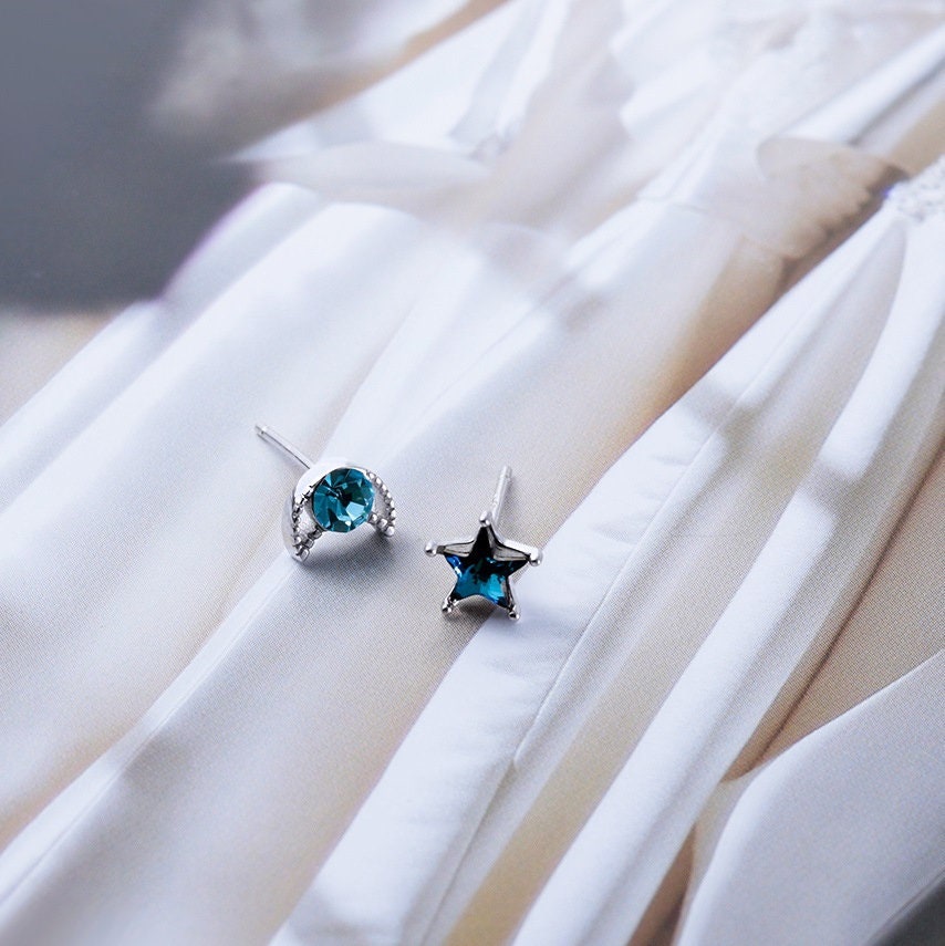 Blue Star & Moon Asymmetrical Earrings, Small Blue CZ Studs, Mismatched celestial earrings, Sterling silver star earrings, moon earrings