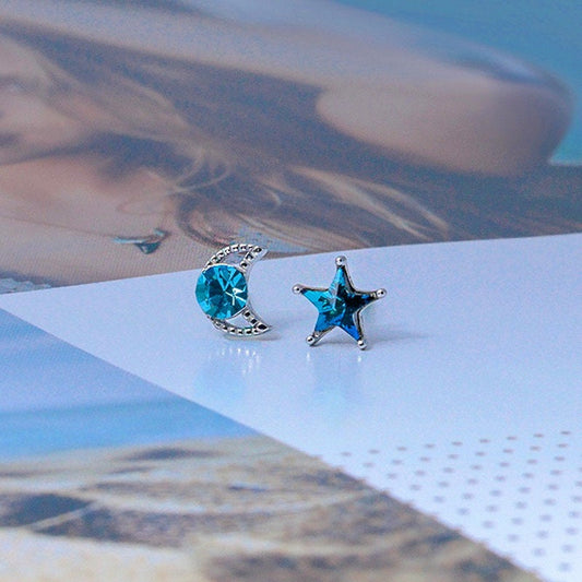 Blue Star & Moon Asymmetrical Earrings, Small Blue CZ Studs, Mismatched celestial earrings, Sterling silver star earrings, moon earrings