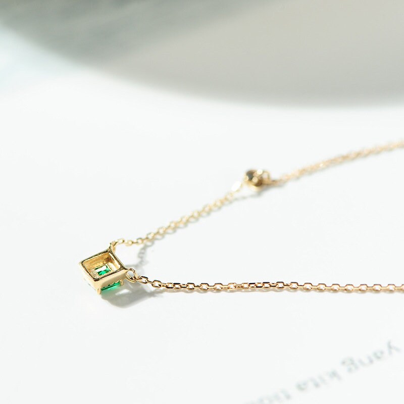 18k Gold Vermeil Square Emerald Necklace, Emerald with Little CZ Necklace, Dainty Emerald Necklace, Gift for her, Anniversary gift GN57