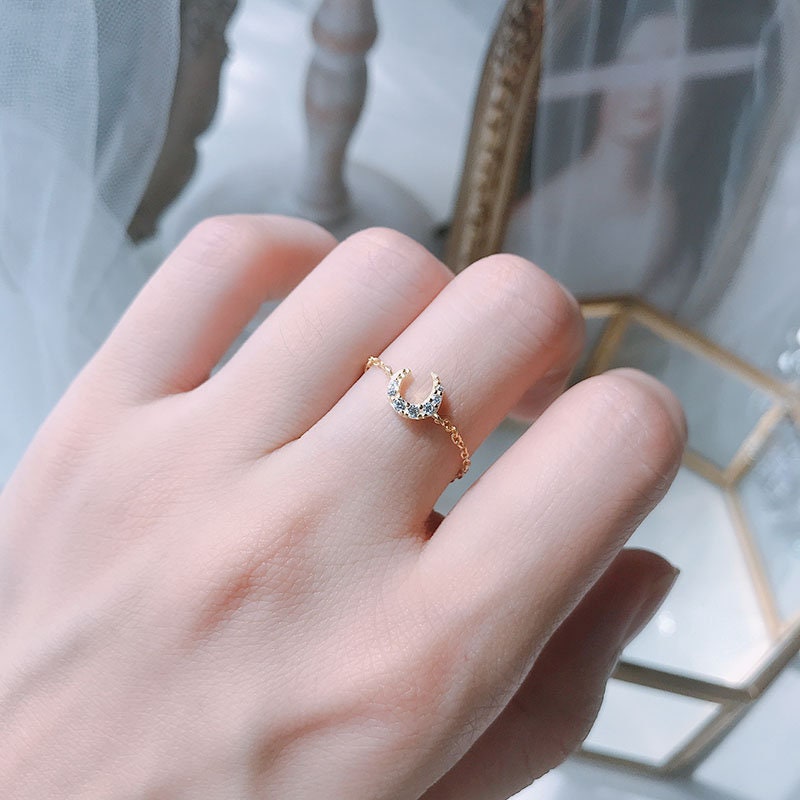 Dainty Gold CZ Moon Adjustable Ring, 14k Gold Vermeil Moon Ring, Minimalist Ring, Chain Ring, Skinny Simple Ring, Perfect Gift for Her