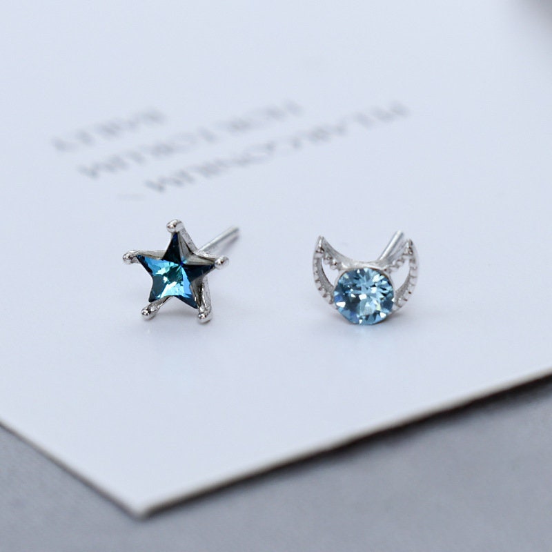 Blue Star & Moon Asymmetrical Earrings, Small Blue CZ Studs, Mismatched celestial earrings, Sterling silver star earrings, moon earrings