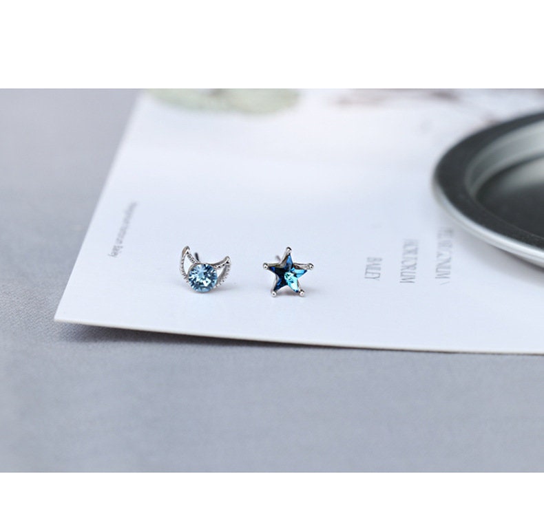 Blue Star & Moon Asymmetrical Earrings, Small Blue CZ Studs, Mismatched celestial earrings, Sterling silver star earrings, moon earrings