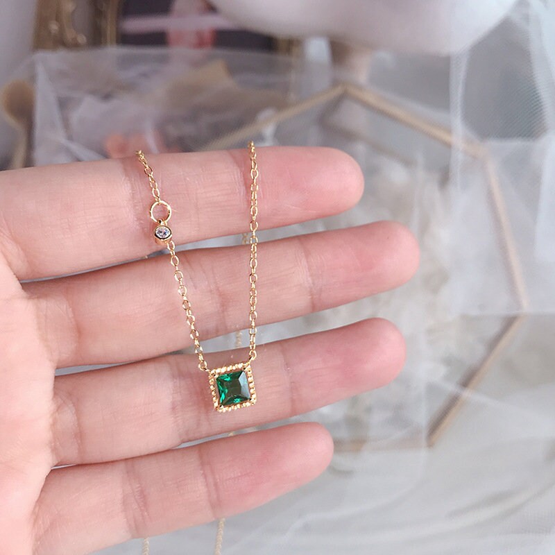 18k Gold Vermeil Square Emerald Necklace, Emerald with Little CZ Necklace, Dainty Emerald Necklace, Gift for her, Anniversary gift GN57