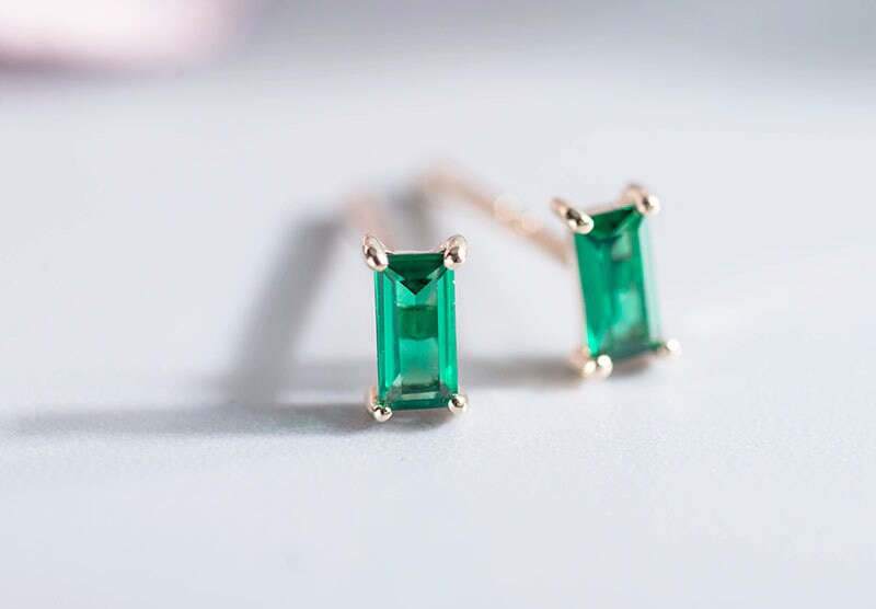 Sterling Silver Emerald Rectangle Earrings, Baguette Emerald Classic Studs, Minimalist Green Earrings, Silver or Gold, Gift for Her, GE02