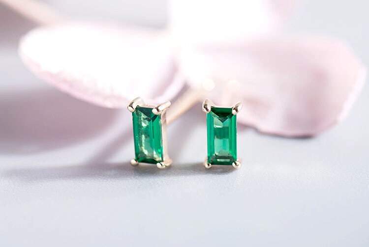 Sterling Silver Emerald Rectangle Earrings, Baguette Emerald Classic Studs, Minimalist Green Earrings, Silver or Gold, Gift for Her, GE02