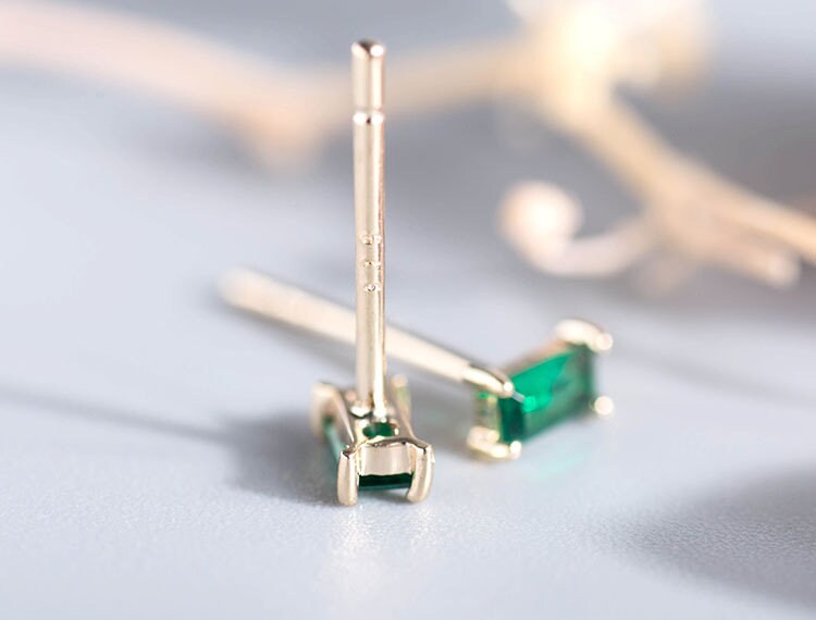 Sterling Silver Emerald Rectangle Earrings, Baguette Emerald Classic Studs, Minimalist Green Earrings, Silver or Gold, Gift for Her, GE02