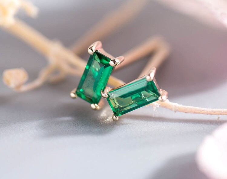 Sterling Silver Emerald Rectangle Earrings, Baguette Emerald Classic Studs, Minimalist Green Earrings, Silver or Gold, Gift for Her, GE02