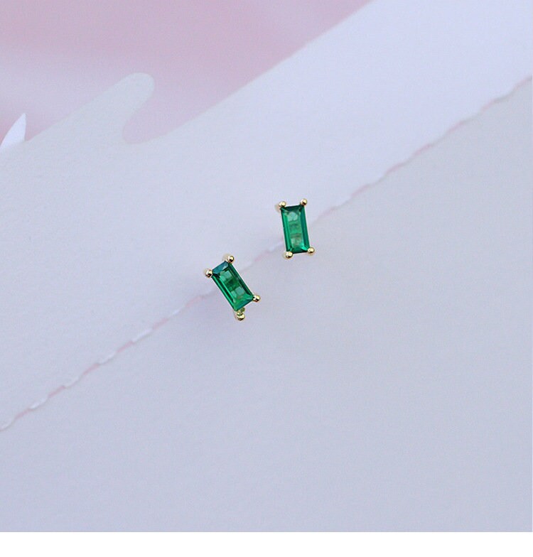 Sterling Silver Emerald Rectangle Earrings, Baguette Emerald Classic Studs, Minimalist Green Earrings, Silver or Gold, Gift for Her, GE02