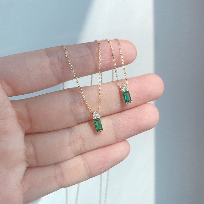 14k Gold Vermeil Triangle Diamond on Emerald Block Necklace, House Shaped Emerald CZ Necklace, Dainty Emerald Necklace, Gift for her/Mom