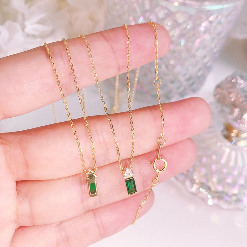 14k Gold Vermeil Triangle Diamond on Emerald Block Necklace, House Shaped Emerald CZ Necklace, Dainty Emerald Necklace, Gift for her/Mom