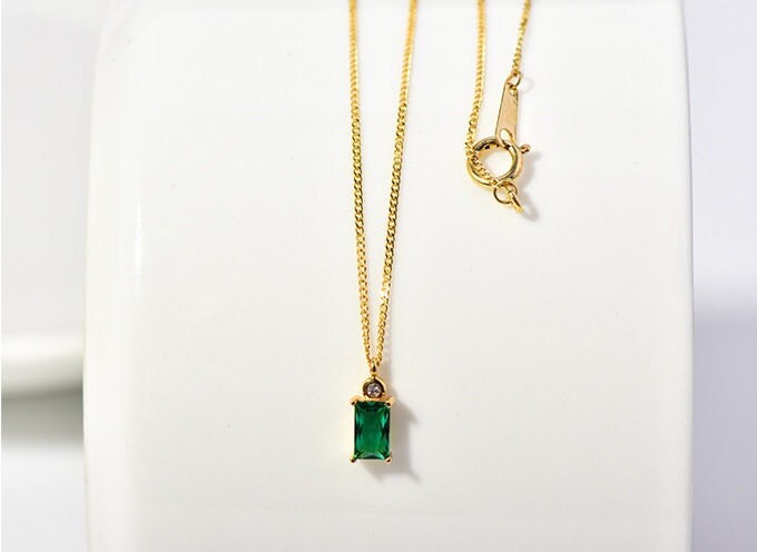 Dainty Baguette Emerald CZ Necklace, 18k Gold Vermeil Emerald Necklace, little CZ top on Emerald pendant, Classic Emerald necklace, N52