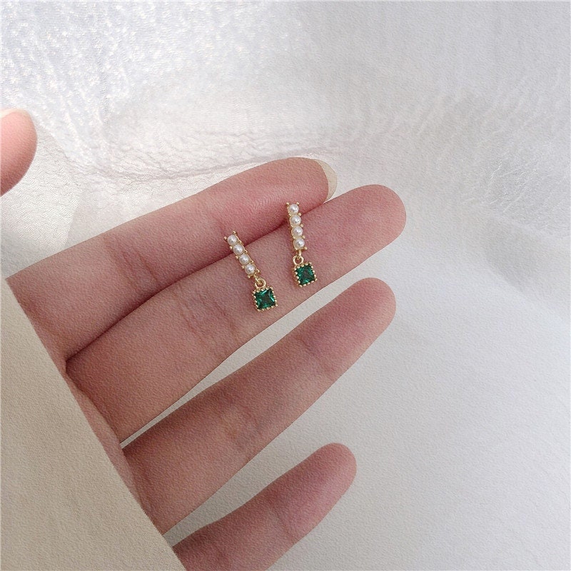 Dainty Pearl & Emerald CZ Drop/Dangle Earrings, Gold Vermeil Emerald Earrings, Emerald Drop Earrings , Gifts for her, Gift for Mom, GE76