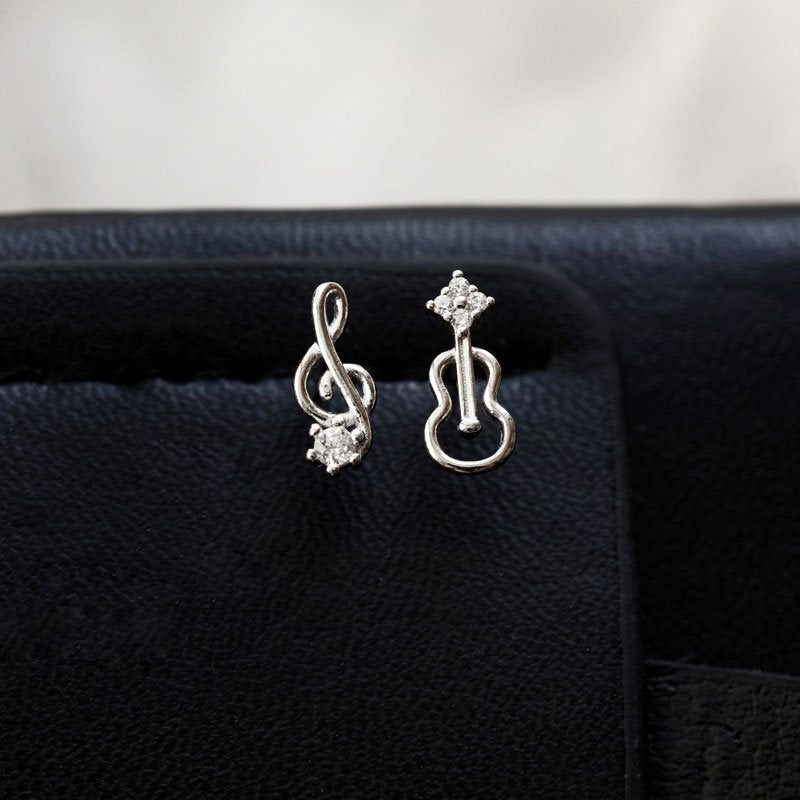 925 Silver Music & Violin CZ Earrings, Mismatched music Earrings, Dainty Asymmetrical Earrings, Gold Music studs, Gift for her