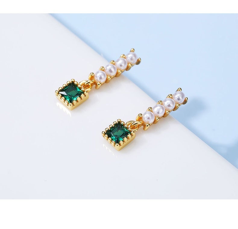 Dainty Pearl & Emerald CZ Drop/Dangle Earrings, Gold Vermeil Emerald Earrings, Emerald Drop Earrings , Gifts for her, Gift for Mom, GE76