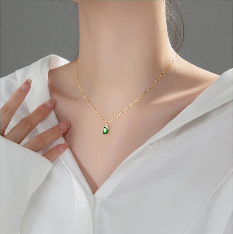 Dainty Baguette Emerald CZ Necklace, 18k Gold Vermeil Emerald Necklace, little CZ top on Emerald pendant, Classic Emerald necklace, N52